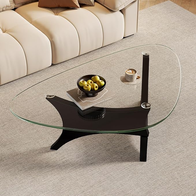 Glass Coffee Table Mid-Century Modern Coffee Table for Living Room Center Table Suitable for Bedroom Living Room Reception Office Tables（Black/Transparent，Large）