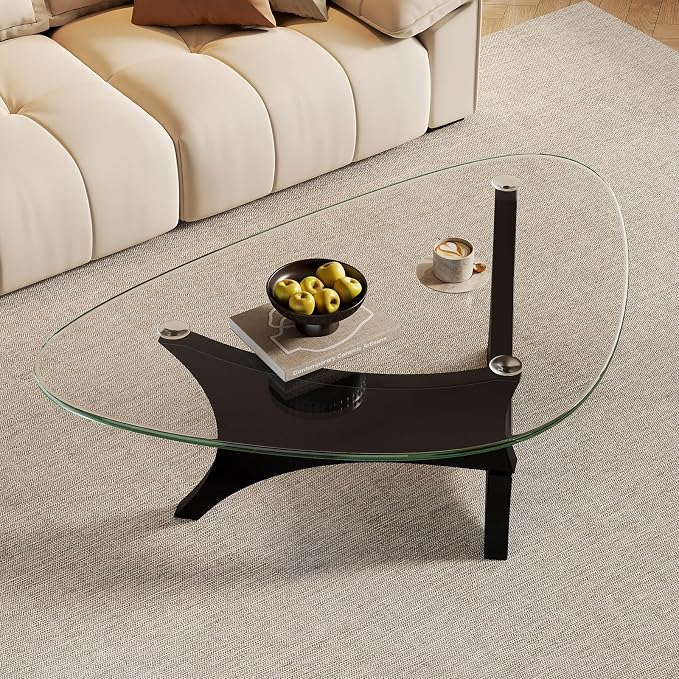 Modern Glass Coffee Table for Living Room, Mid Century Modern Triangle Coffee Table with Tempered Glass Top & Solid Wood Base, Noguchi Style Small Center Table for Apartment（Black/Transparent，Large）