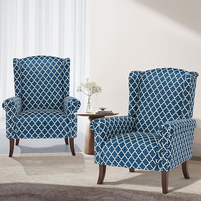 Plaid Accent Chair Set of 2, Mid-Century Modern Wingback Armchair Club Sofa Chair Living Room Chair for Bedroom, Balcony, Lounge (Blue Check)