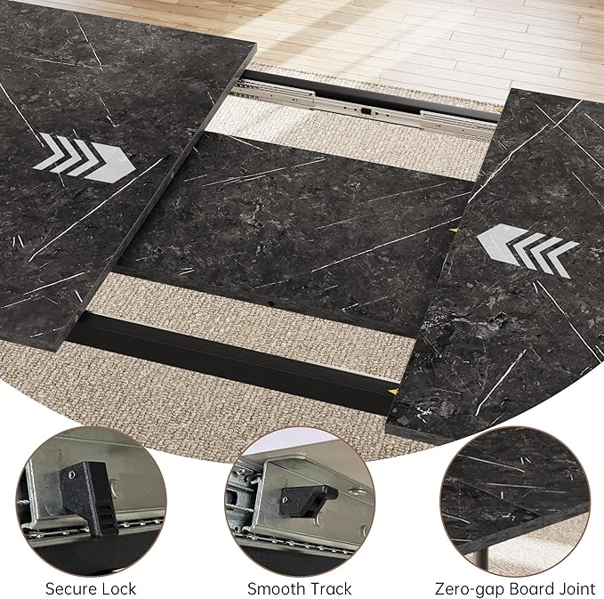 Extendable Dining Table for 6-8 People, 63 to 78.7 Inch Rectangular Table, Dark Grey MDF Kitchen Table with Sturdy Metal Legs, Space-Saving for Dining Room, Breakfast Nook, Small Spaces