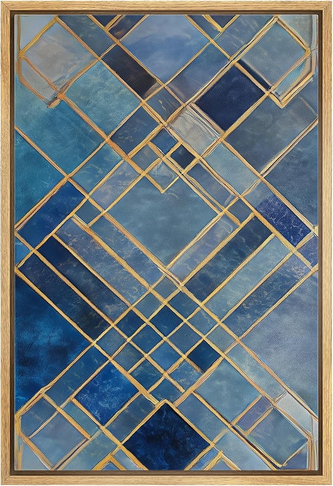 MUDECOR Framed Canvas Print Wall Art Blue and Gold Art Deco Geometric Pattern Illustrations Fine Art Mid-Century Modern Multicolor for Living Room, Bedroom, Office - 16"x24" NATURAL