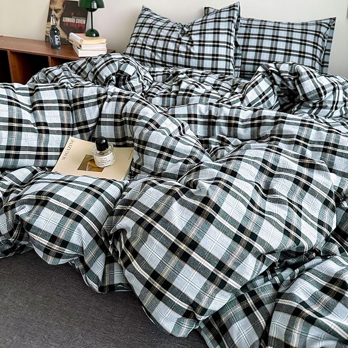 VM VOUGEMARKET Buffalo Gingham Duvet Cover Set Queen,3 Pieces Washed Cotton Bedding Set,Breathable Luxury Plaid Comforter Cover with Zipper Closure for Boys Men(Black&Grey)