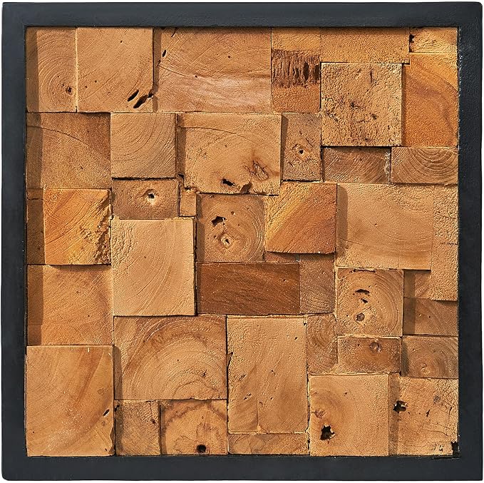 Greenage Reclaimed Teak Wood Wall Decor 17"x17" Farmhouse Simetris Square Wall Art Rustic Geometric Pattern Wall Hanging Decoration Wooden Frame Wall Panel for Home Living Room Bedroom