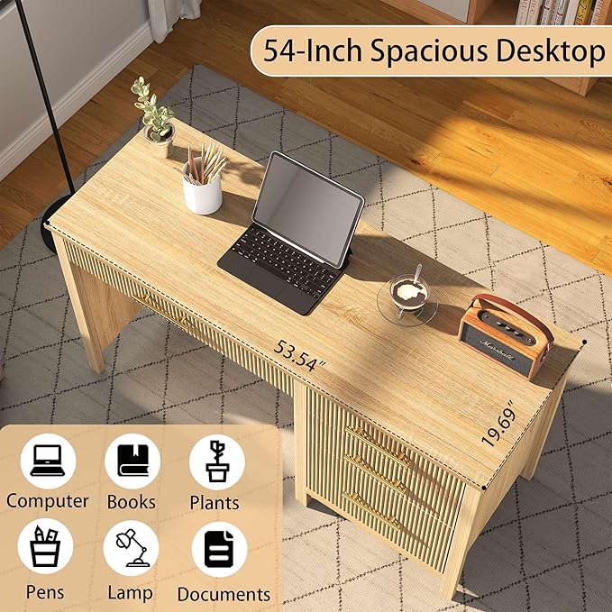 Modern Executive Desk with Drawers: 54" Oak Home Office Desks with File Drawers, Wood Fluted Computer Writing Desk for Work, Study, and Living Room (54")