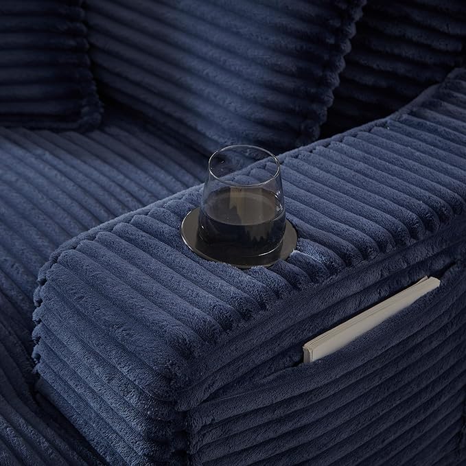 67" Oversized Chaise Lounge Chair Indoor, Boneless Cloud Couch with 3 Pillows, 2 Side Pockets and 2 Cup Holders, Corduroy Sleeper Sofa Bed for Living Room Bedroom Reading Nook - Blue | Breathable material