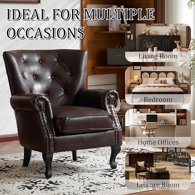 Modern Accent Chair, Mid-Century Faux Leather Armchair with Solid Wood Legs, Single Sofa Club Chair for Living Room, Bedroom, Leisure Room, Reading Room(Caramel)