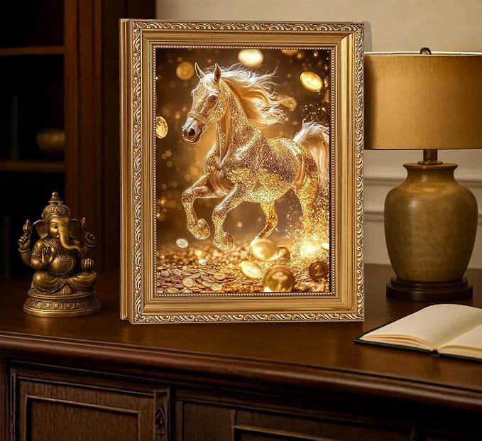 Vintage Gold Framed Gold Horse wall art Golden Money and Horse Wall Decor Wealth and Horses print artwork for office Business People Living Room home decor 12X16in