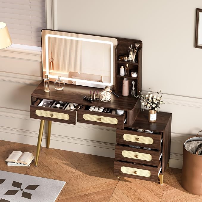 47" Vintage Makeup Vanity Table with Mirror & Lights Dark Walnut Vanity Desk with 3-Color Dimming Light 5 Drawers 3 Open Shelves Mid-Century Modern Vanity with Rattan Decor & Metal Legs