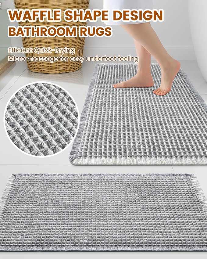 Smiry Waffle Bath Mat 60x24, Extra Soft Absorbent Bathroom Rugs, Non Slip Machine Washable Quick Dry Bath Rugs for Bathroom Floor, Tub, Shower, Home Decor Accessories, Lightgrey & Cream