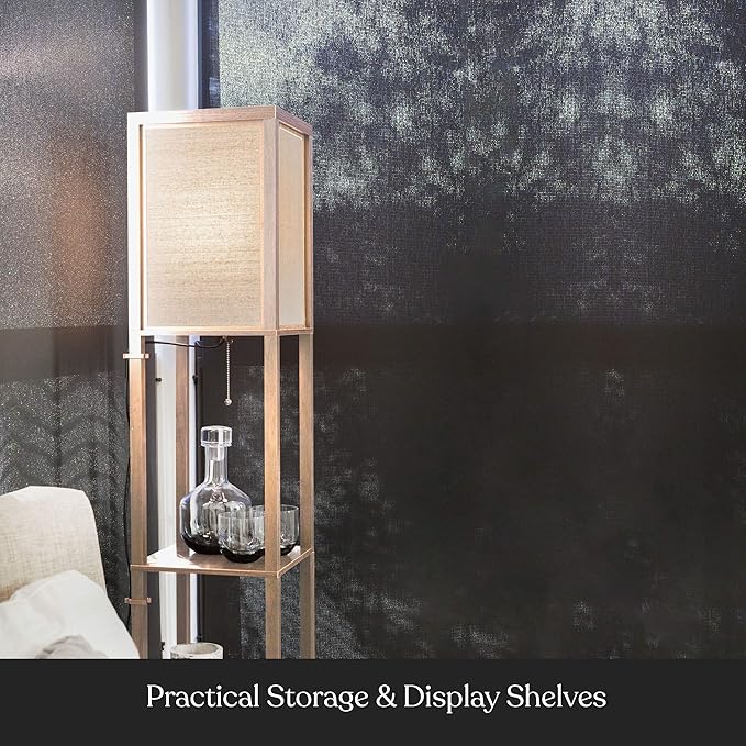 Brightech Maxwell - Modern Shelf Floor Lamp with Lamp Shade & Warm White LED Bulb, Corner Display Floor Lamp with Shelves for Living Room, Bedroom, Nightstand Office, Home Decor Storage - Natural Wood