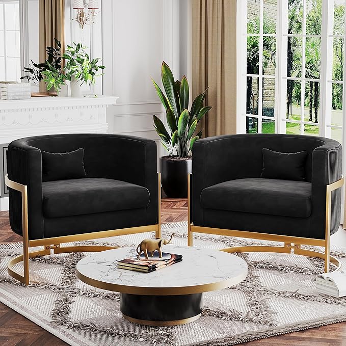 Velvet Accent Chair Gold Modern Barrel Chair Upholstered Arm Chairs for Bedroom Living Room Sofa Chair Club Chairs Black