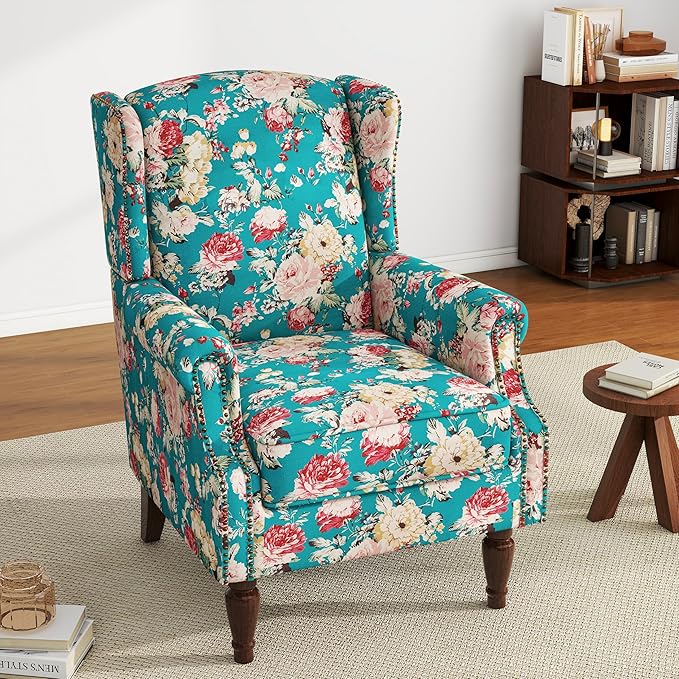 High Back Floral Accent Chair, Upholstered Armchair in Fabric, Retro Printed Wingback Arm Chair for Living Room, Nailhead Trim Single Sofa Bedroom Reading Seat - Peacock Blue