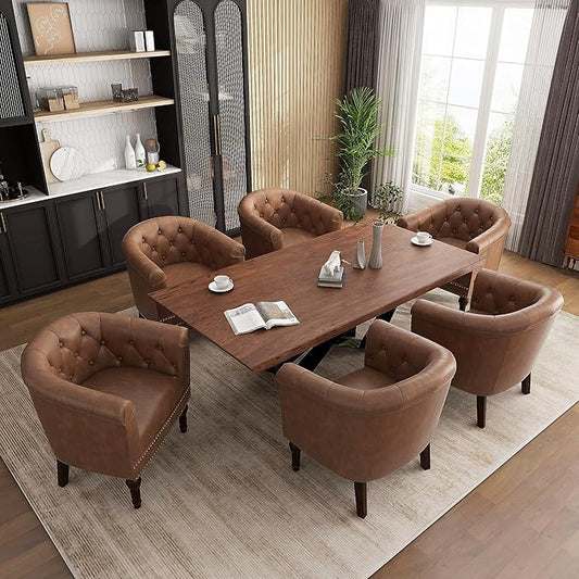 UIXE PU Leather Barrel Club Chairs Set of 6, Modern Arm Accnet Chair Comfy Upholstered Armchair, Nailhead Trim Living Room Single Sofa Reading Seat Bedroom Side Sitting for Office, Brown