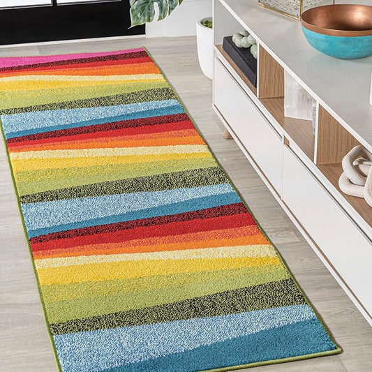 JONATHAN Y Prism Geometric Striped Runner Rug 2x8, Orange/Green/Blue, Modern, Coastal, Easy-Cleaning for Living Room, Bedroom, Kitchen, Pet Friendly, Non-Shedding (DZC101A-28)