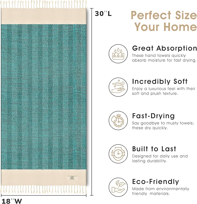 Hand Towels - Set of 2 | 18" x 30" - Decorative Turkish Hand Towel for Bathroom, Kitchen, Guest, Face, Hair, Tea, Dishcloth (Herringbone, Oil Green)