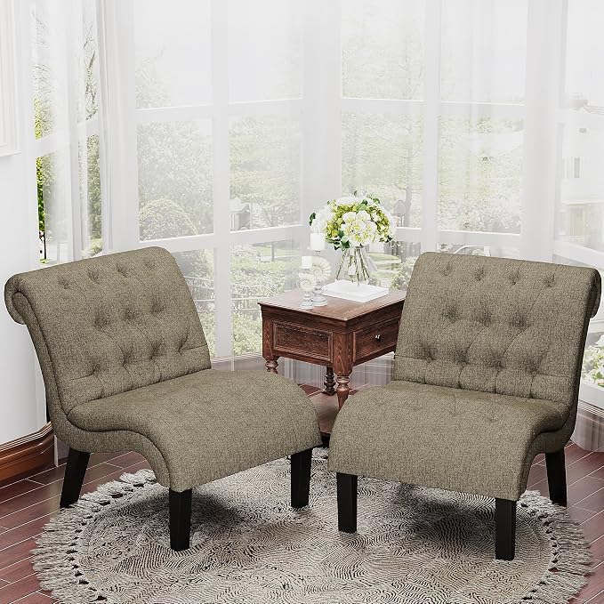 Accent Chairs Set of 2 Modern Armless Living Room Bedroom Side Chairs Button Tufted Upholstered Leisure Chair with Wood Legs