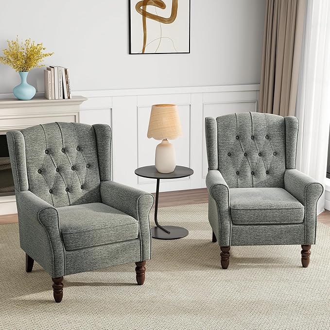 Mid-Century Modern Wingback Accent Chair - Plush Upholstered Armchair with Solid Oak Legs, Ergonomic High Back Design for Living Room, Bedroom Home Office - Stylish Retro Reading Lounge Chair, Gray
