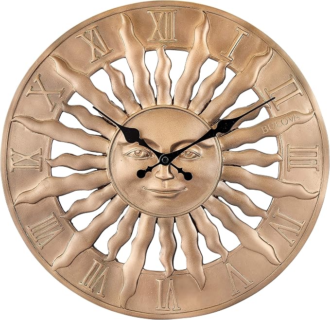 Bulova Sunrise Wall Clock C4860 | 14.3" 3D Sunburst Resin Design with Roman Numerals | Silent Quartz Movement | Battery Operated | Indoor/Outdoor Décor