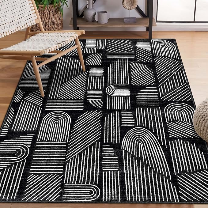 MUJOO 3x5 Washable Rug,Mid Century Modern Abstract Non Slip Low Pile Area Rug,Black and White Rug for Living Room Bedroom Entryway