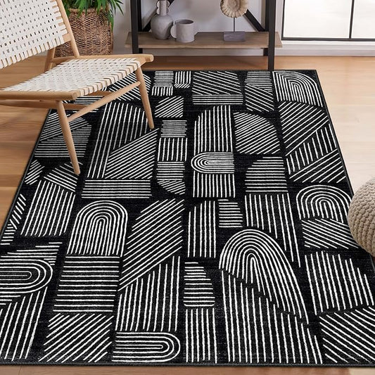MUJOO 3x5 Washable Rug,Mid Century Modern Abstract Non Slip Low Pile Area Rug,Black and White Rug for Living Room Bedroom Entryway
