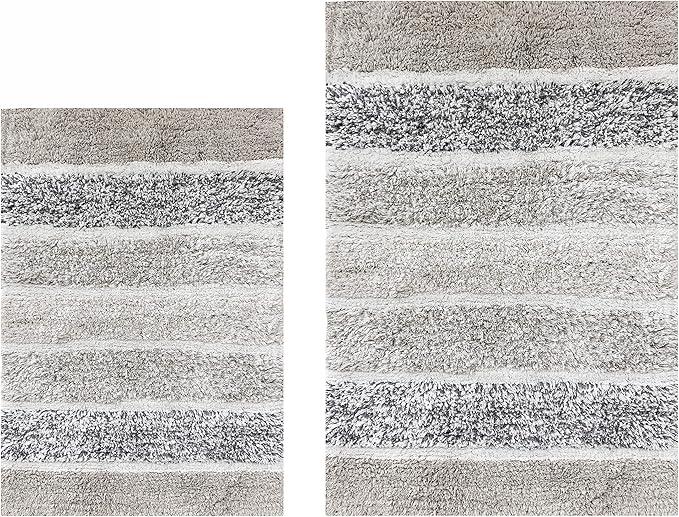Bathroom Rugs Set 2 Piece Light Grey Quilted Stripe Non-Slip Washable Bath Mats for Bathroom Floor |Cotton Quick Dry Bathroom Mat for Tub Spa |Living Room Entry Way Door Mats |21x32 & 17x24 Inches