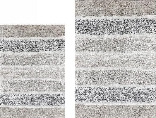Bathroom Rugs Set 2 Piece Light Grey Quilted Stripe Non-Slip Washable Bath Mats for Bathroom Floor |Cotton Quick Dry Bathroom Mat for Tub Spa |Living Room Entry Way Door Mats |21x32 & 17x24 Inches