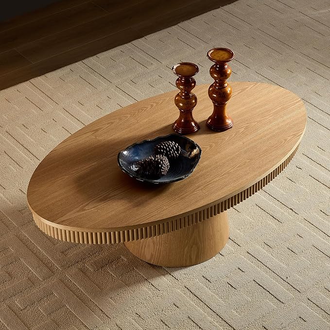 47.24" Oval Coffee Table Modern Handcraft Drum Center Table with Sturdy Pedestal for Living Room Apartment, Oak