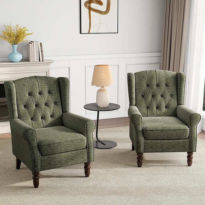 Mid-Century Modern 2-Piece Wingback Chair Set - Plush Upholstered Accent Chairs with Solid Wood Legs, High Back Lounge Seating for Living Room, Bedroom & Office - Retro Matched Pair (Dark Green)