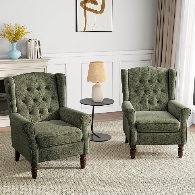 Mid-Century Modern Wingback Chair - Plush Upholstered Accent Armchair with Solid Oak Legs, Ergonomic High Back Lounge Chair for Living Room, Bedroom Office - Retro Modern Reading Chair Dark Green
