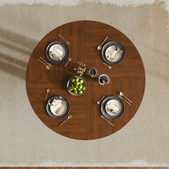47" Round Dining Table Set for 4, Walnut Wood Grain Table and 4 Black PU Leather Upholstered Chairs Set, Mid Century Modern Kitchen Table Set with Cross Legs