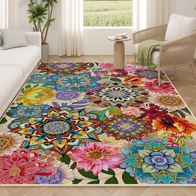 Boho Floral Rug for Living Room 5'x7', Non-Slip Machine Washable Farmhouse Floor Carpet Colorful Flowers Area Rugs for Bedroom Dining Room Boho Home Decor Aesthentic