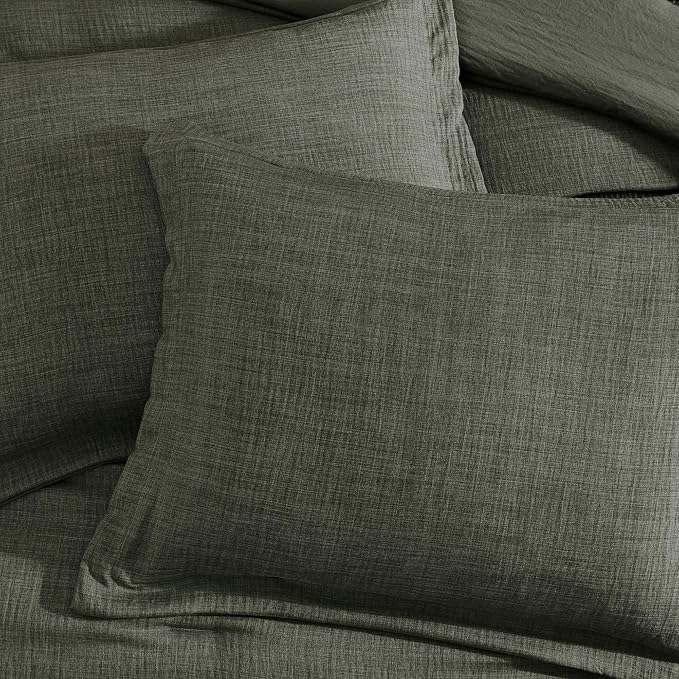 Geniospin Dark Olive Green Queen Comforter Set - 7 Pieces Comforter Queen Size, Solid Bedding Set for All Season, Textured Bed in a Bag with Sheets