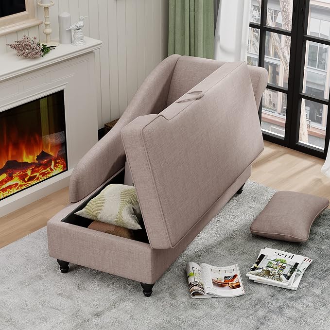 Indoor Storage Chaise Lounge Upholstered Fabric Lounge Chair Living Room Bedroom Corner Small Chaise Sofa Recliner with Wood Legs (Right Arm) Tan