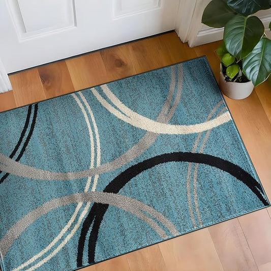 Rugshop Modern Wavy Circles Design Accent Rug, Fade-Resistant Carpet for Entryway, Bathroom, or Kitchen, Blue, 2'7" x 4'