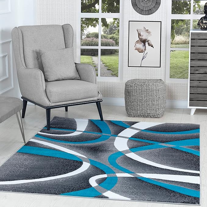 GLORY RUGS Modern Area Rug 5x7 Turquoise Swirls Carpet Bedroom Living Room Contemporary Dining Accent