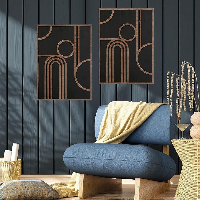 Modernist Home Art Deco Wall Sculptures, Set of 2, Carved Wood Panels, Black and Brown Wood Tones, MDF, Geometric Arches Design, 13.75 x 19.25 Inches