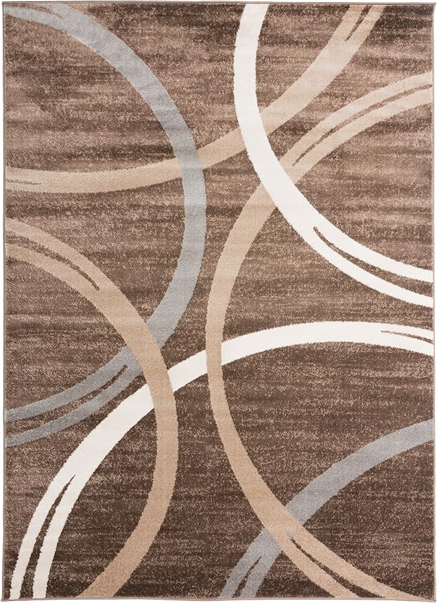 Rugshop Modern Wavy Circles Design Area Rug, Fade-Resistant Carpet for Living Room, Bedroom, or Dining Room, Brown, 6'6" x 9'