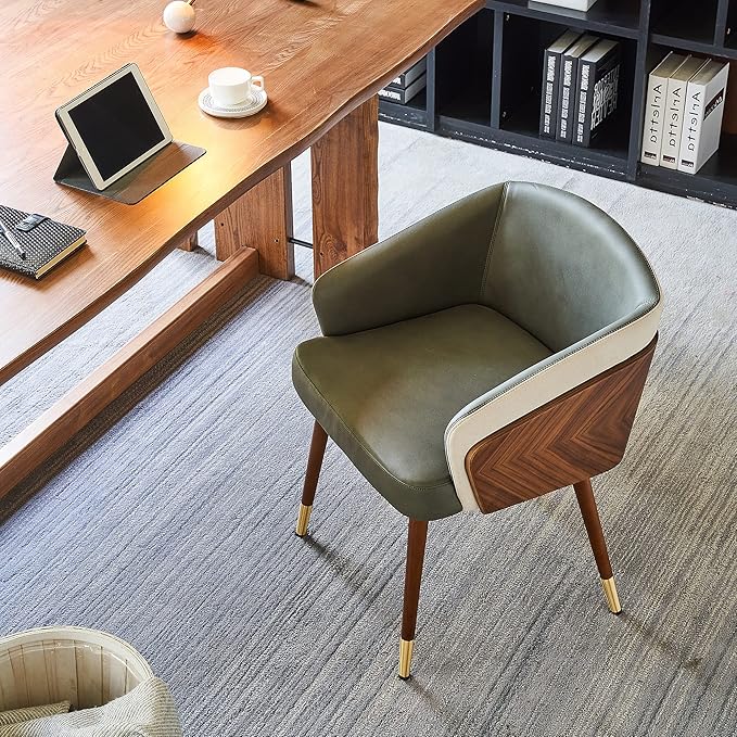 ARTPLAN Modern Upholsted Accent Dining Chairs,Mid-Century Faux Leather with Walnut for Kitchen,Office Waiting Room Arm Sitting Chair, Beech Legs Dissassembly Adjustable Feet,Army Green