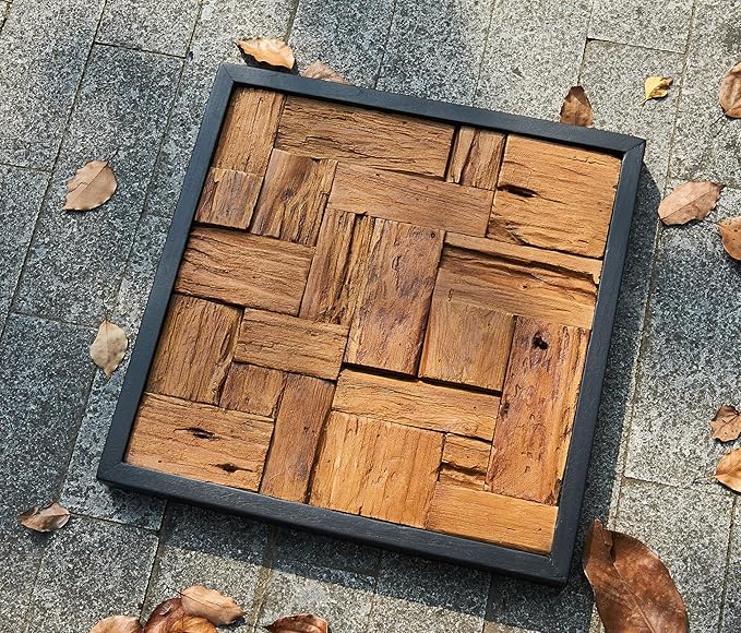 Greenage Reclaimed Teak Wood Wall Decor 17"x17" Farmhouse Square Wall Art Rustic Wooden Wall Hanging Decoration Rectangular Geometric Framed Wall Panel Shape for Home Living Room Bedroom