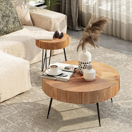 LONYKE 2-Piece Modern Farmhouse Living Room Coffee Table Set, Nesting Table Round Natural Finish with Handcrafted Wood Ring Motif, Light Red + Wood Color