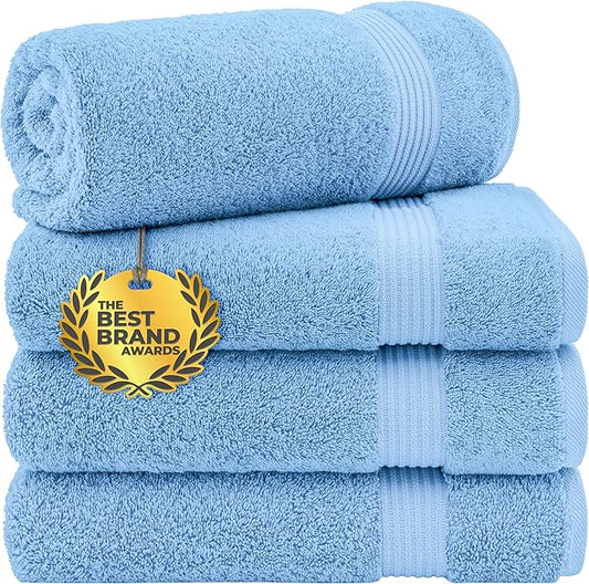 Cotton Paradise 100% Cotton Turkish Towel Set, Soft Absorbent Quick Dry, 4 Piece Bath Towel Set, Sky Blue