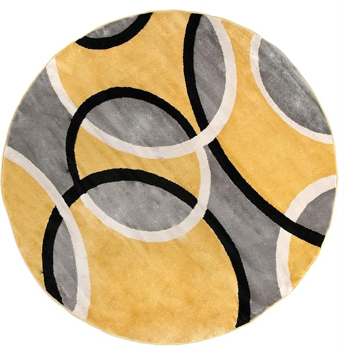 Rugshop Contemporary Abstract Circles Round Rug, Carpet with Jute Backing for Dining Room, Living Room, or Breakfast Nook, Yellow, 6'6" Round