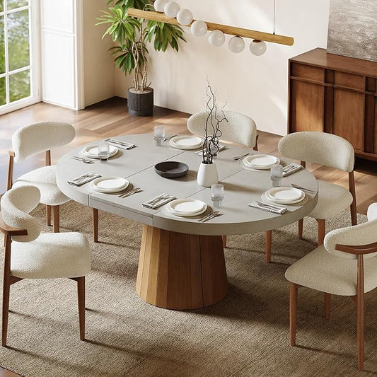 homary 39"-55" Round Extendable Dining Table Farmhouse Oval Kitchen Table Pedestal Dining Room Table for 6 Persons