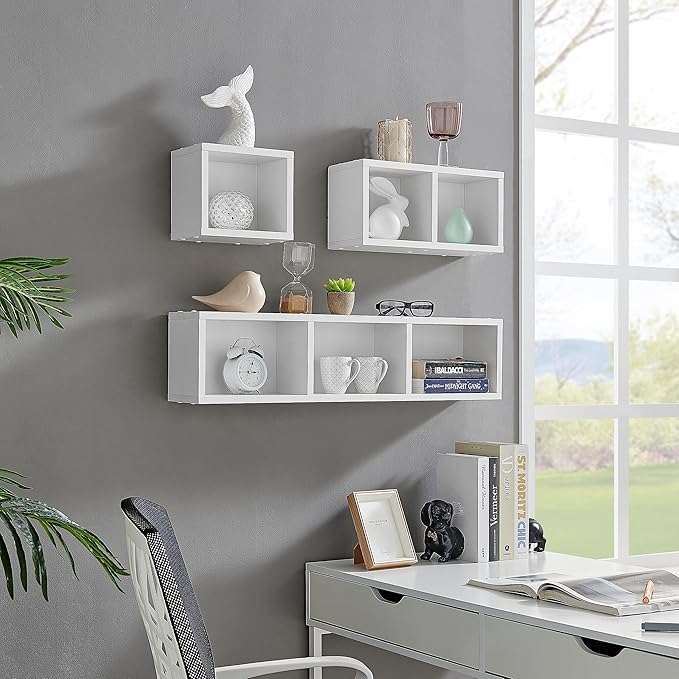 Danya B. Bauhaus Floating Geometric Cubby Wall Shelves - Set of 3 Sizes - White