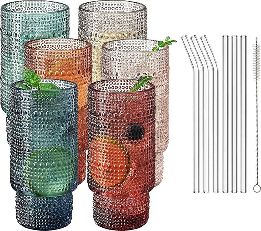 Khen Colored Vintage Art Deco Glasses - Martini, Margarita, Cocktail & Champagne Ribbed Glasses | Set of 6 | Cute Pastel Crystal Cocktails Glassware, Stemmed Glassware Gift - Hobnail Tumblers & Straws