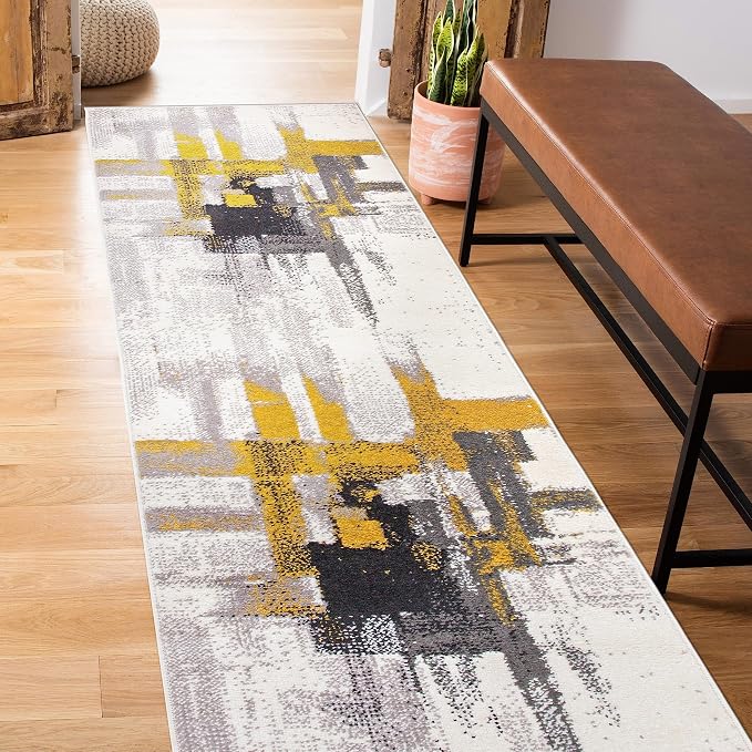 Rugshop Gold Modern Abstract Runner Rug — Non-Shedding for Narrow Hallway, Kitchen and Entryway 2' x 10'