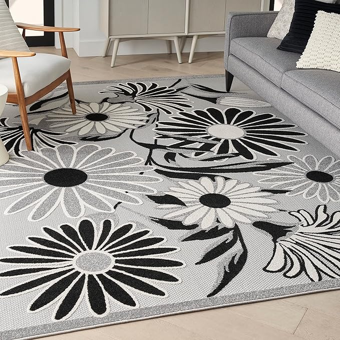 Nourison Home Aloha Black White 5'3" x 7'5" Area Rug - Easy Clean, Non Shedding, Bed Room, Living Room, Dining Room, Kitchen (5' x 8')