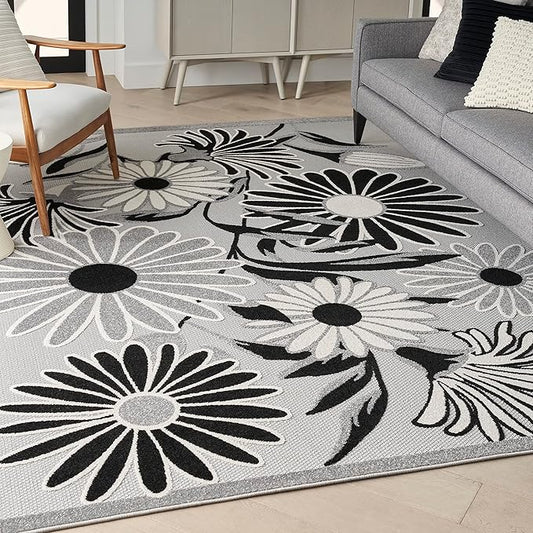 Nourison Home Aloha Black White 5'3" x 7'5" Area Rug - Easy Clean, Non Shedding, Bed Room, Living Room, Dining Room, Kitchen (5' x 8')