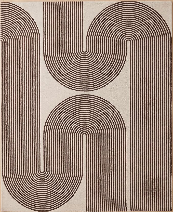 Modern Handmade Wool Area Rug, Abstract Curved Line Geometric Indoor Carpet for Living Room Bedroom, Contemporary Tufted Rug with Soft Pile and Cotton Backing (Cocoa Brown, 10' x 14')