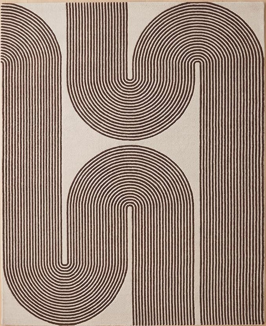 Modern Handmade Wool Area Rug, Abstract Curved Line Geometric Indoor Carpet for Living Room Bedroom, Contemporary Tufted Rug with Soft Pile and Cotton Backing (Cocoa Brown, 10' x 14')